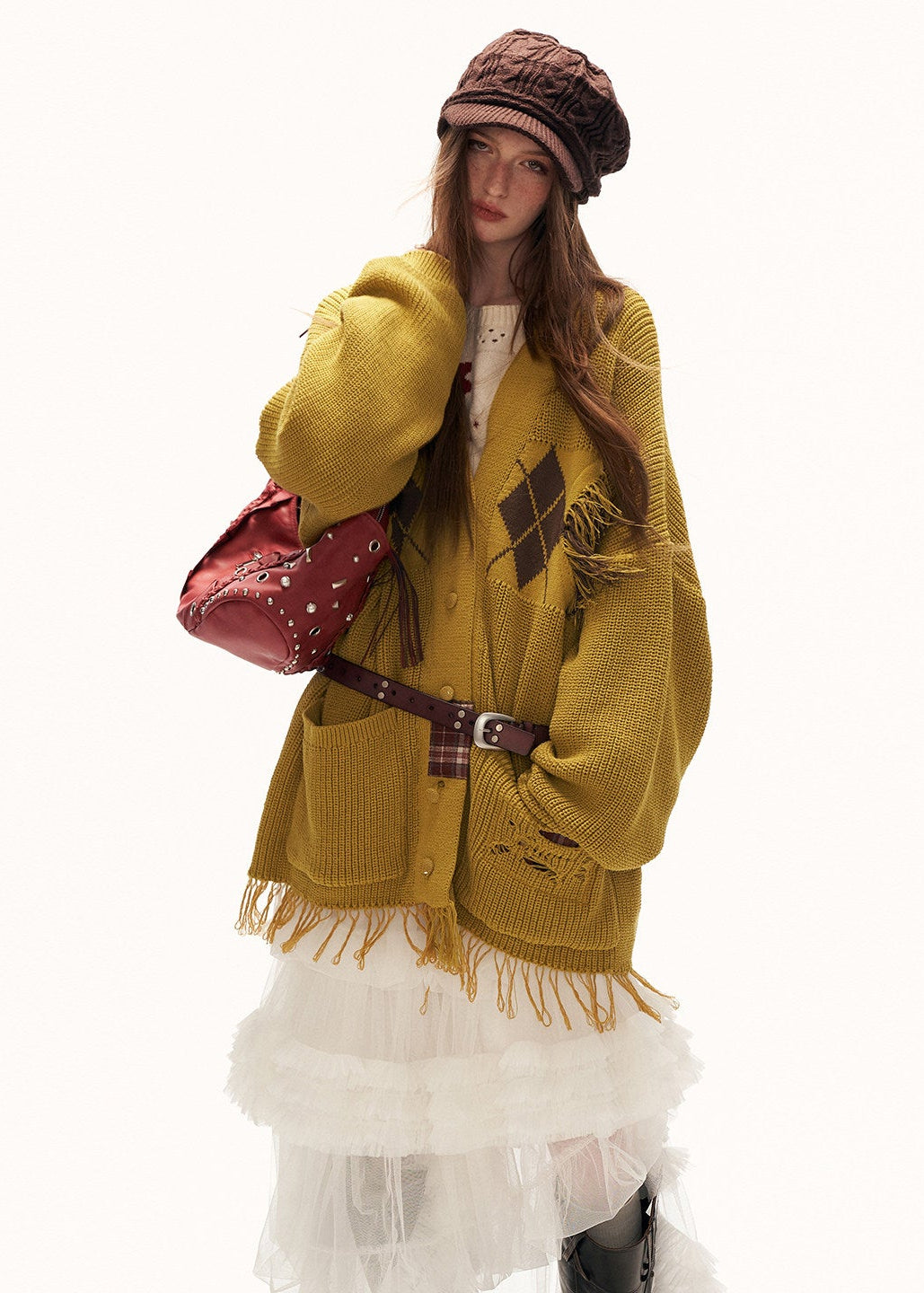 fringed knit sweater women, patchwork sweater jacket, y2k oversized knit, loose fit winter sweater, street style knitwear women, premium casual sweater, lazy fit knit top, autumn winter knitwear, trendy fringe sweater, mamc sweater style, oversized street sweater, casual knit jacket women, fashion patch knit, y2k fashion sweater, long sleeve knit top