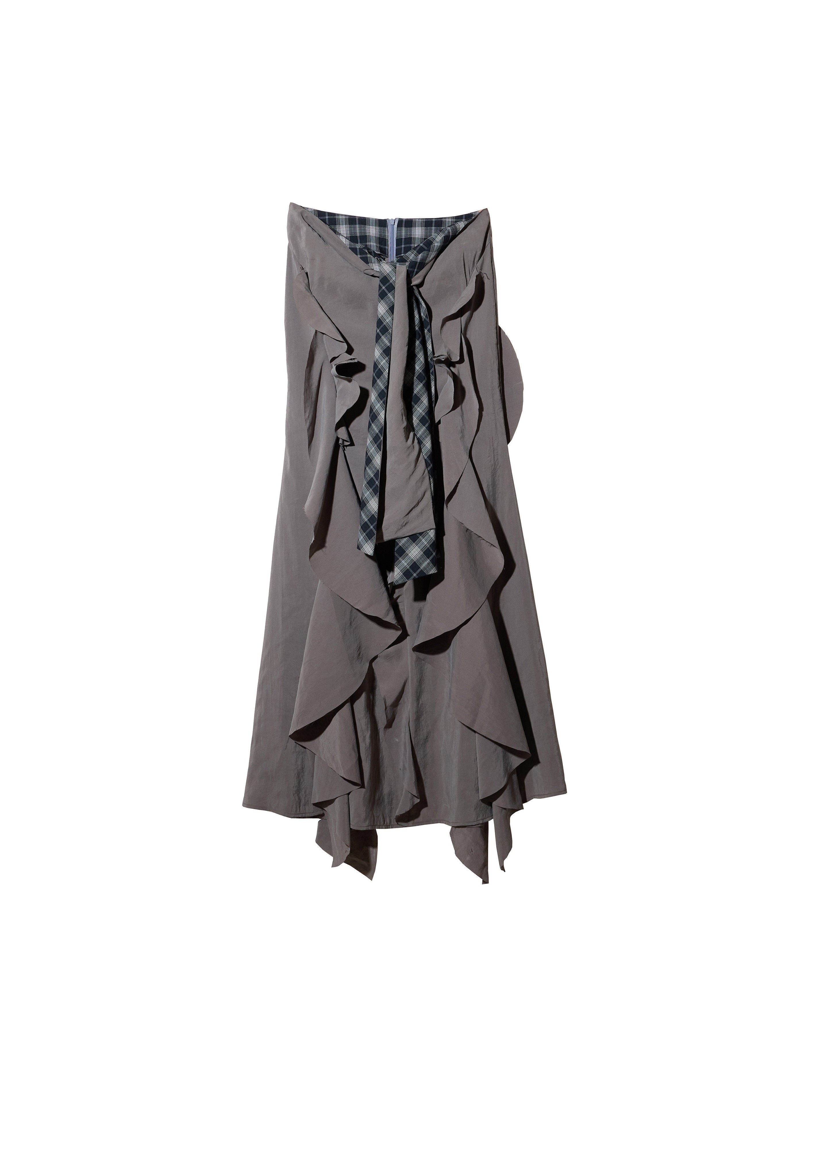 jnylon skirt, ruffle maxi skirt, korean fashion skirt, layered long skirt, gray maxi skirt, irregular ruffle skirt, stylish korean outfit, urban skirt women, modal skirt, plaid patchwork skirt, statement long skirt, korean street fashion