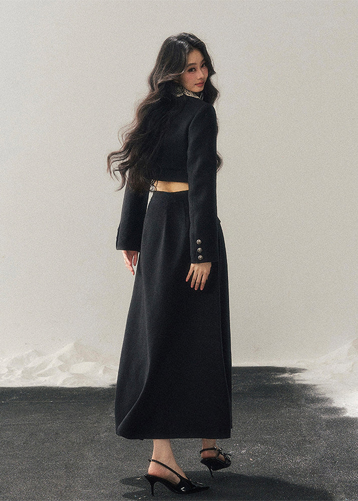 lace knit set women, french lace two piece set, winter skirt set women, korean minimal style set, elegant women outfit, refined knitwear women, lace trim top skirt, feminine winter set, premium women knit set, modern elegant outfit women, aomalm style set, classic black skirt set, understated luxury women clothing, winter two piece outfit, minimal chic women set