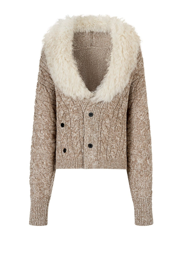 VIAPITTI fur collar knit jacket, detachable fur sweater, heavy knit bat sleeve top, edgy Korean fashion, autumn winter knitwear, thick cable knit jacket, versatile warm sweater, industrial street style, K-fashion 2025, oversized collar knit coat, textured knit outerwear, modern urban streetwear
