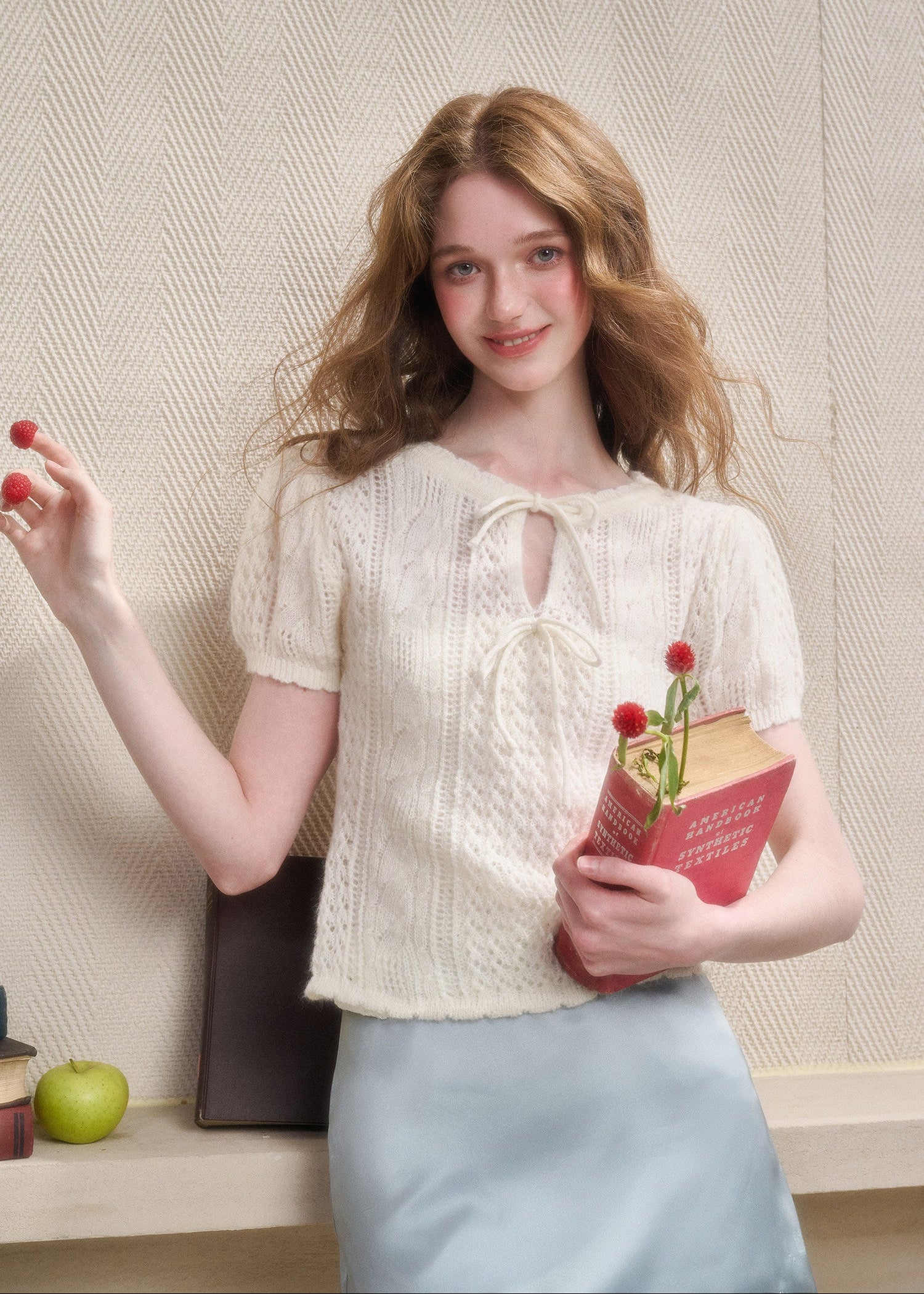 Fuzzy pointelle knit top with puff sleeves