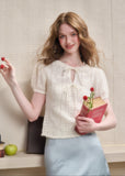 Fuzzy pointelle knit top with puff sleeves