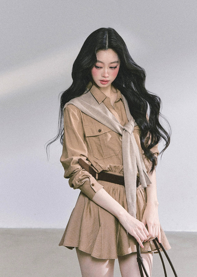 korean cargo dress, french hepburn dress, autumn flare shirt dress women, belted short cargo dress, korean academia style outfit, korean autumn mini dress, beige button up dress, seoul preppy girl fashion, korean elegant cargo dress, hepburn french chic outfit, soft academia korean fashion, korean shirt dress long sleeve, korean fall 2025 dress, stylish cargo mini dress, waist slimming flare dress