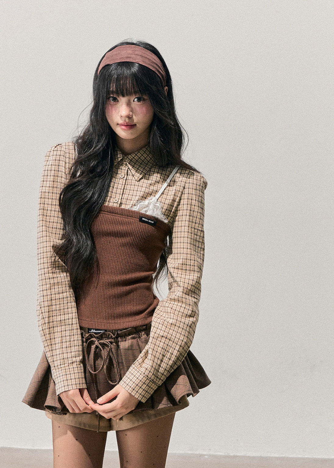 AOMALM knit top, Korean feminine top, plaid knit shirt women, fake layered top, autumn winter knitwear, Korean style long sleeve top, slimming knit blouse, soft feminine fashion, winter plaid top women, aesthetic Korean clothing, layered look knit top, slim fit winter top, cozy knit women, cute Korean outfit, everyday winter top