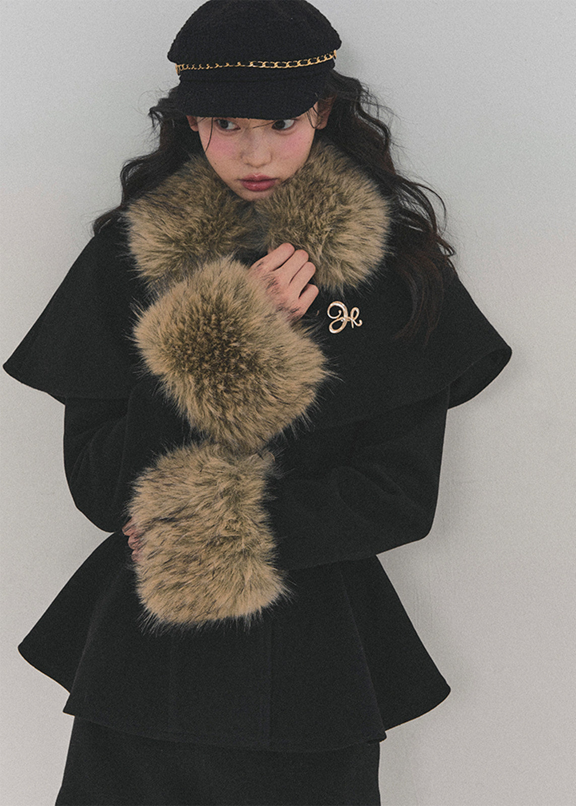 AOMALM winter set, Korean feminine coat set, faux fur cape coat, winter two piece outfit women, wool coat skirt set, rich daughter style winter, Korean luxury winter outfit, feminine winter suit, faux fur collar coat women, elegant winter set, soft girl winter fashion, Korean aesthetic winter wear, classy winter outfit women, short skirt winter set, luxury wool coat women