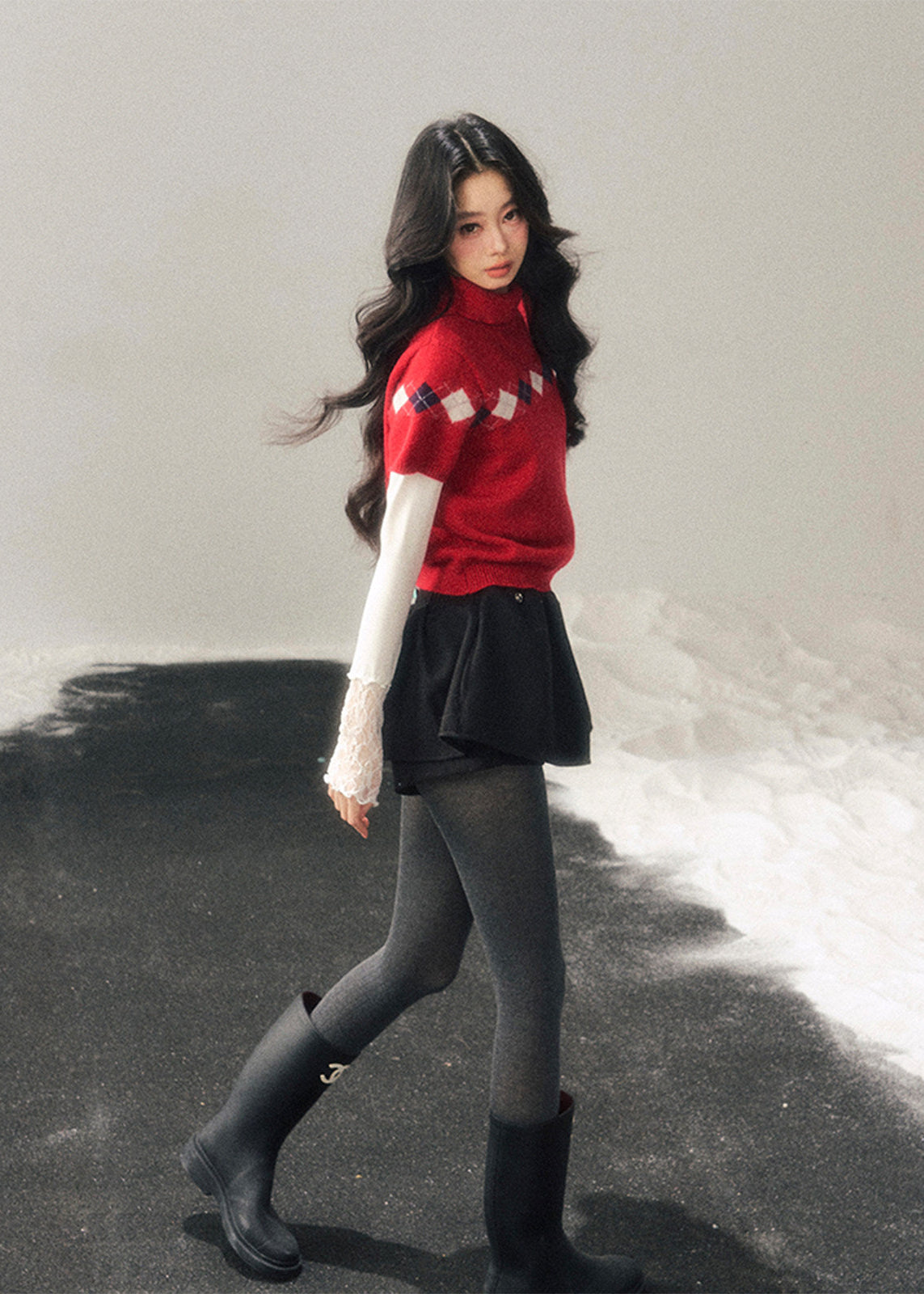 AOMALM knit sweater, winter knit top women, Korean style sweater, semi high neck sweater, argyle knit top, red winter sweater, short sleeve knit winter, feminine knit top, soft winter sweater, holiday knit top, Korean fashion winter, slim fit knit sweater, layering winter top, cute winter sweater women, Christmas knit sweater, aesthetic knitwear