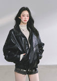 PU leather jacket, oversized moto jacket, black faux leather coat, Korean streetwear jacket, biker style jacket women, edgy autumn jacket, moto blouson top, trendy PU outerwear, hot girl street style, loose fit leather jacket, cool girl aesthetic jacket, Korean American fashion, fall leather jacket women, stylish biker coat, oversized motorcycle jacket

