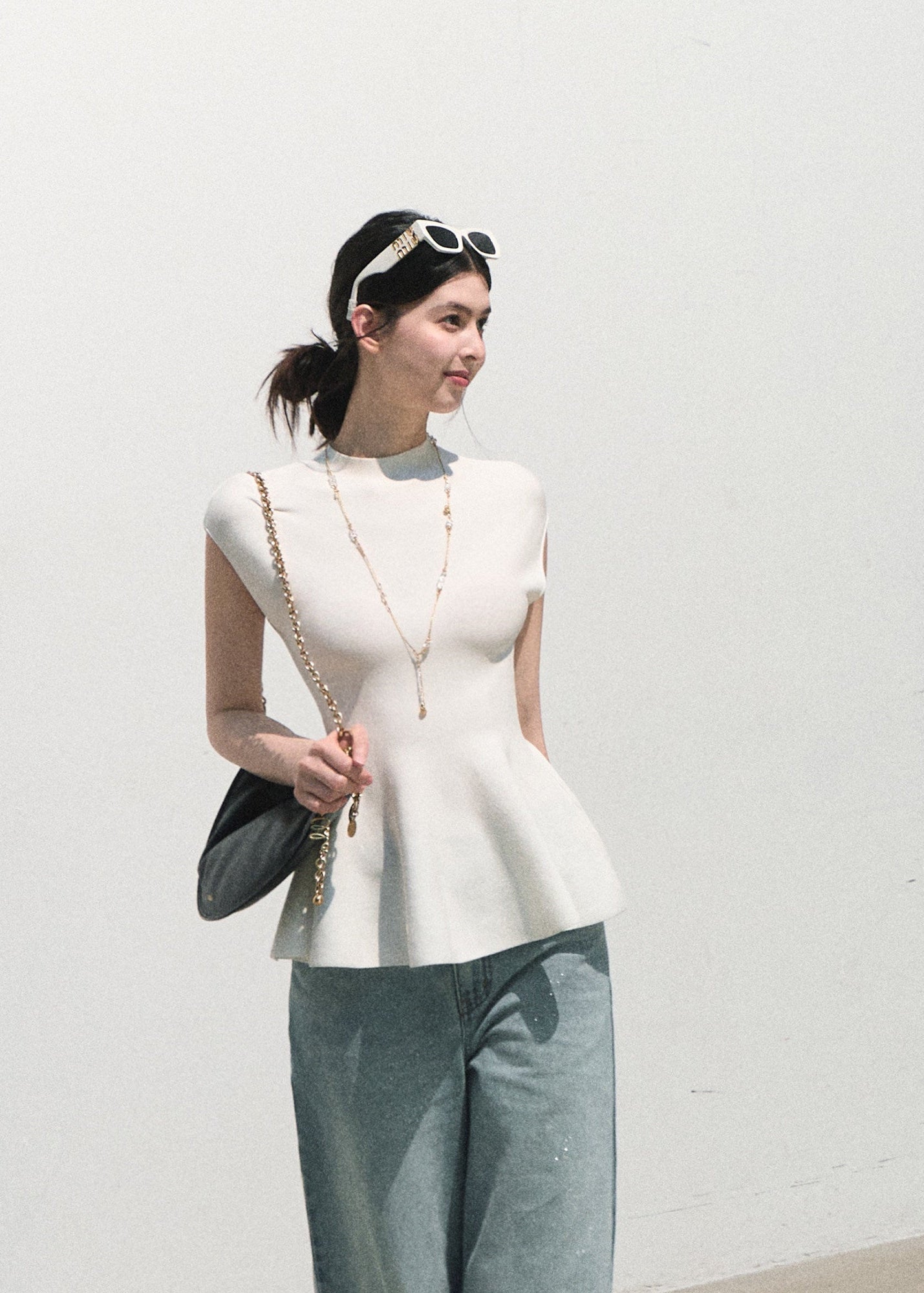 oakmoo top, white peplum top, waist cinching knit top, korean minimal fashion, white summer top, sleeveless knit top, lyocell acetate top, refined summer blouse, quiet luxury top, feminine knit top, elegant casual top, sculpted white top