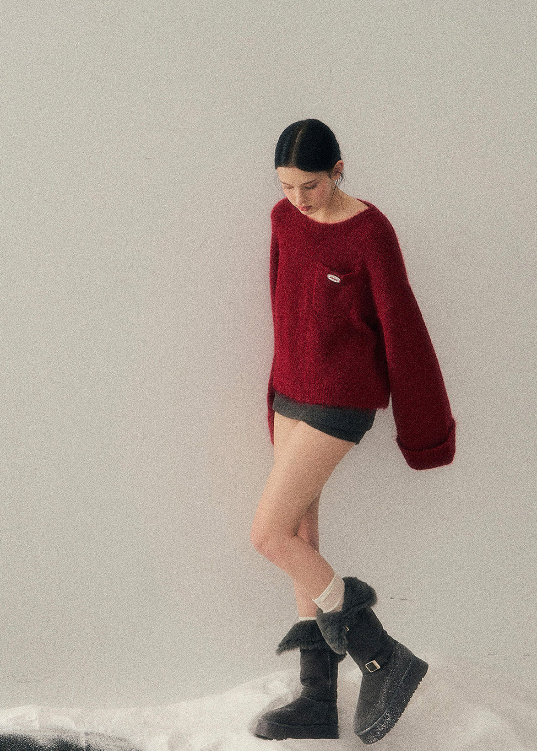 AOMALM sweater, red mohair sweater, women winter knit top, French style sweater, Korean aesthetic knit, soft feminine sweater, fluffy winter sweater, mohair pullover women, holiday red sweater, New Year knit top, cozy winter top women, elegant knitwear women, warm mohair sweater, romantic winter outfit, soft texture sweater, winter fashion women