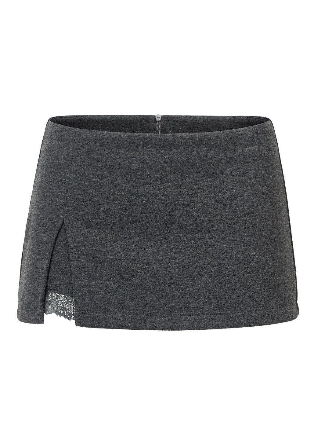 Dark grey lace-trim mini skort with asymmetric front slit