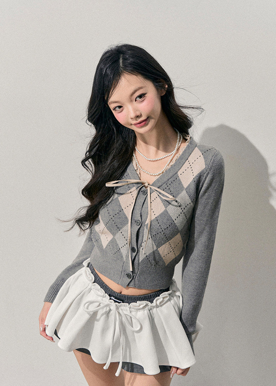 AOMALM cardigan, Korean feminine knit, French preppy cardigan, cropped knit sweater, argyle cardigan women, winter cardigan top, soft girl aesthetic sweater, Korean style knitwear, feminine cropped cardigan, ribbon tie sweater, pastel winter knit, elegant casual cardigan, preppy Korean fashion, women winter knit top, slim fit cardigan