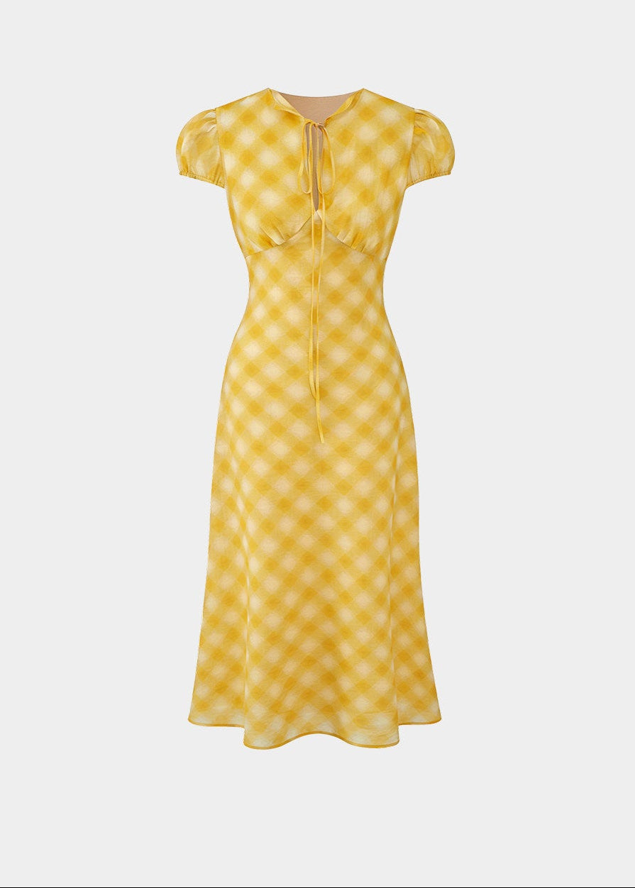 checkered tea dress, vintage summer dress, yellow midi dress, korean fashion dress, resort style dress, picnic dress women, french vintage dress, feminine summer outfit, lightweight cotton dress, flattering waist dress, casual romantic dress, aesthetic fashion dress, parisian style clothing, soft girl summer dress, breathable summer dress, elegant casual wear, modern feminine clothing, vacation outfit dress, chic everyday dress, warm tone dress