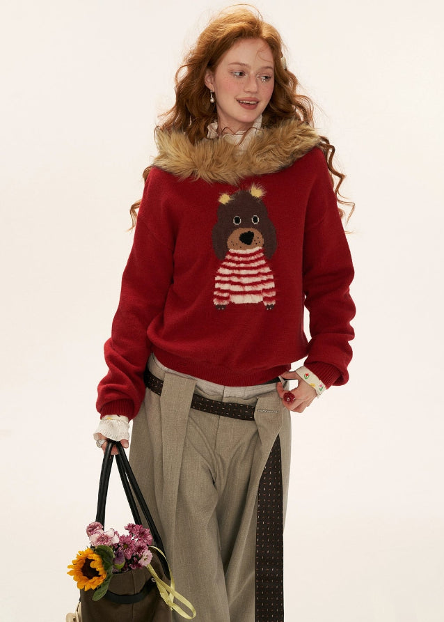 cute dog sweater, fur collar hoodie, winter knit jacket, women loose design top, fluffy hooded sweater, casual street fashion, fw25 collection, cozy fur knit, korean streetwear, tokyo winter outfit
