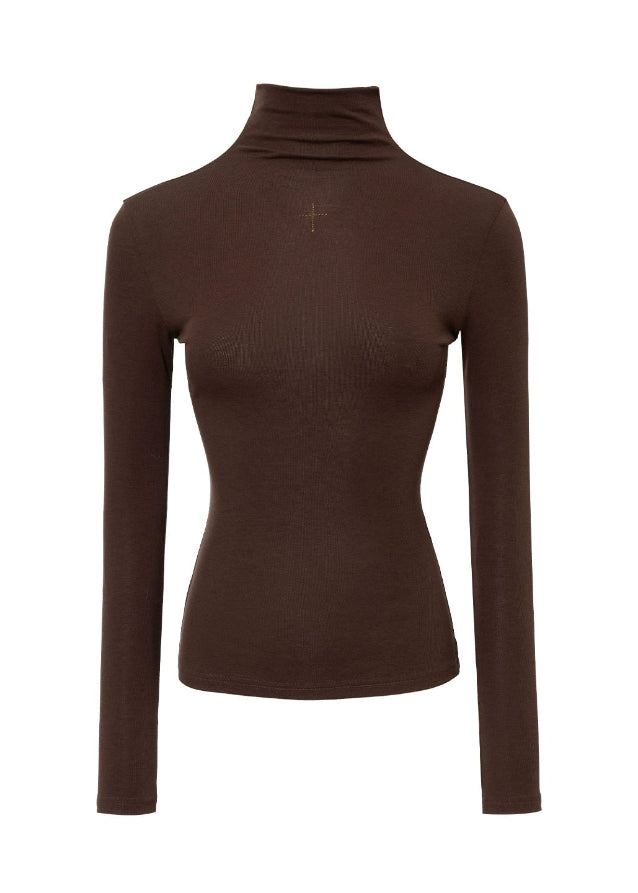 4muggle, lyocell wool turtleneck, slim fit high neck top, thermal base layer, women’s winter knit top, brown turtleneck shirt, supermodel silhouette top, stretchy soft knit, Korean style top, autumn winter layering, hot diamond detail top, second skin fit, chic stylish basics, warm long sleeve top