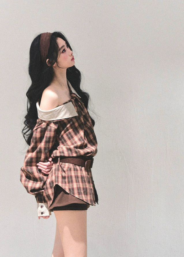 off shoulder plaid shirt, korean style plaid top, autumn winter plaid jacket, asymmetry neckline top, AOMALM plaid shirt women, street style plaid blouse, off shoulder check shirt jacket, korean fashion tops 2025, casual commuter shirt women, oversized plaid top, fall winter layering shirt, trendy checkered blouse womens, soft plaid jacket korean, chic off shoulder outerwear, brown plaid shirt jacket women