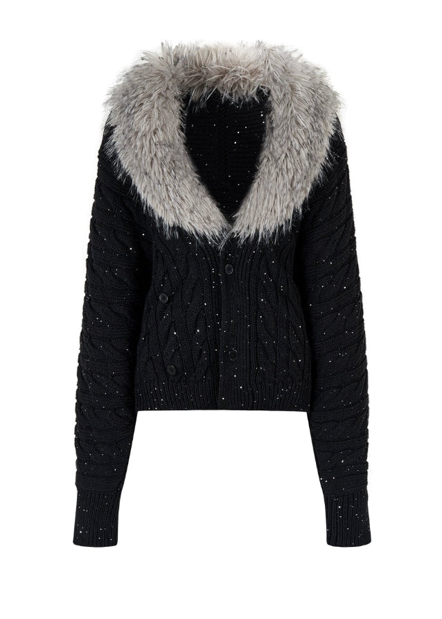 VIAPITTI fur collar knit jacket, detachable fur sweater, heavy knit bat sleeve top, edgy Korean fashion, autumn winter knitwear, thick cable knit jacket, versatile warm sweater, industrial street style, K-fashion 2025, oversized collar knit coat, textured knit outerwear, modern urban streetwear
