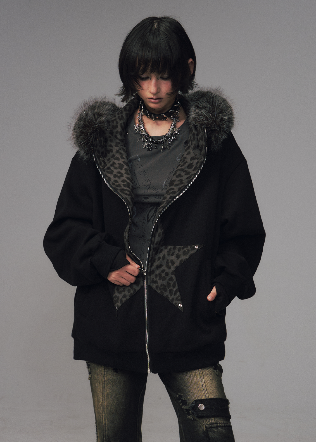 Frustration Garden hoodie, cat ear hoodie jacket, grunge fur hood sweatshirt, leopard star hoodie, edgy winter jacket women, punk fleece zip jacket, alternative streetwear coat, goth cat ear coat, oversized fur hood jacket