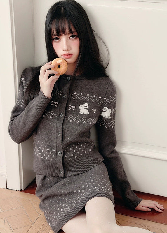 Fragileheart knit set, Fair Isle sweater outfit, winter Korean fashion, bunny pattern cardigan, luxury feminine knitwear, quiet luxury winter style, pastel noir aesthetic, elegant two-piece knit set, cozy winter outfit, K-fashion 2025, cute chic knit ensemble, rabbit motif sweater, romantic knit skirt look, soft feminine fashion
