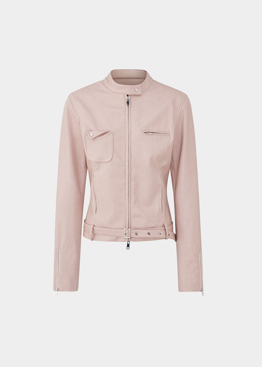 LaluneDuCiel leather jacket women, Korean feminine moto jacket, stand collar cropped leather jacket, romantic retro leather outerwear, pebble texture faux leather jacket, elegant Korean style jacket, waist fitted leather jacket women, versatile feminine biker jacket, chic Korean fashion outerwear, soft structured leather jacket