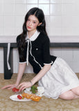 fragileheart cardigan, doll collar cardigan, korean collegiate top, ribbon knit cardigan, preppy cardigan top, feminine korean fashion, color block cardigan, pearl button cardigan, academy style top, sweet knit top, black doll collar top, korean preppy fashion