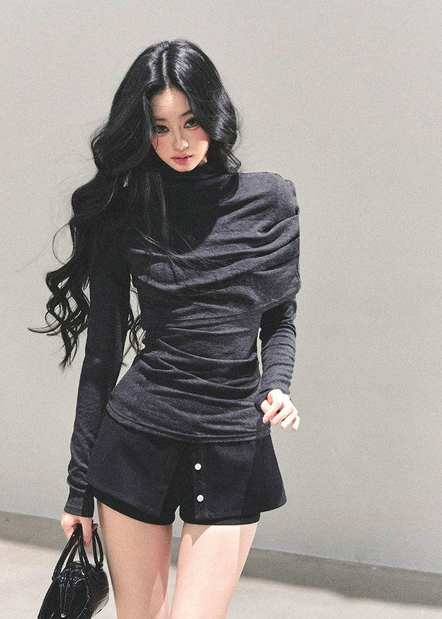 semi turtleneck top, Korean style knit top, slim fit long sleeve shirt, autumn winter base layer, women’s fitted turtleneck, AOMALM top, hot girl style top, gray slim top, stretchy knit shirt, Korean fashion 2025, feminine style top, sleek silhouette shirt, chic winter tops, layering knit top, soft turtleneck tee, body shaping knit shirt, casual elegant top, warm winter knitwear, stylish women’s tops, minimal Korean fashion