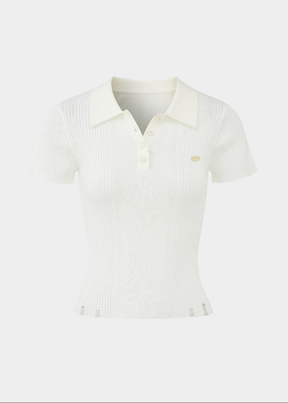 ivory polo knit top, slim fit knit tee, short sleeve knit women, korean fashion top, ribbed polo shirt women, minimalist knit top, feminine casual top, lightweight knitwear, everyday elegant outfit, soft knit blouse, parisian style top, fitted knit shirt, breathable summer knit, versatile basic top, refined casual wear, modern feminine clothing, chic simple top, aesthetic fashion knit, clean line top women, wardrobe essential knit