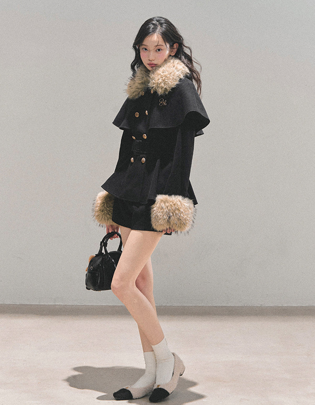 AOMALM winter set, Korean feminine coat set, faux fur cape coat, winter two piece outfit women, wool coat skirt set, rich daughter style winter, Korean luxury winter outfit, feminine winter suit, faux fur collar coat women, elegant winter set, soft girl winter fashion, Korean aesthetic winter wear, classy winter outfit women, short skirt winter set, luxury wool coat women