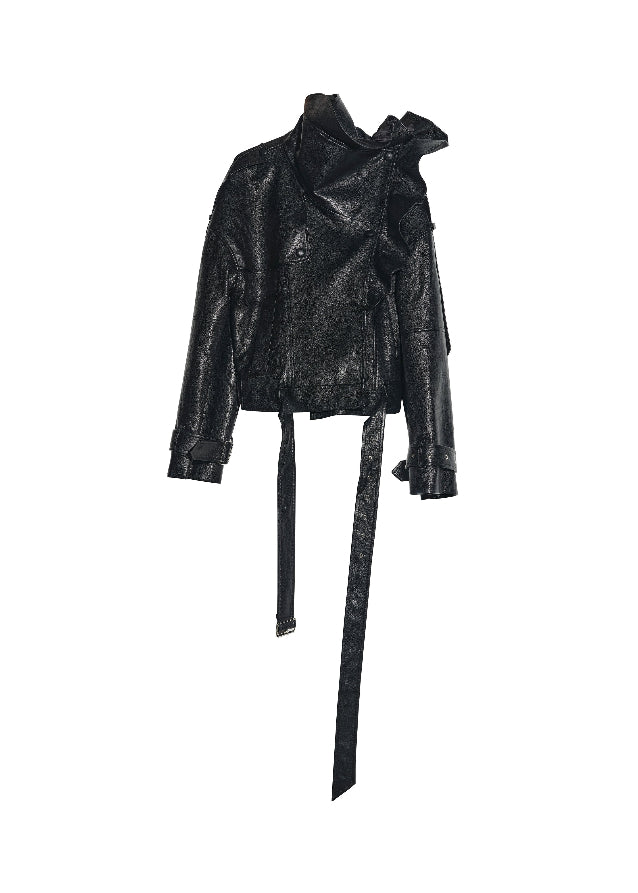 JNYLON faux leather jacket women, Korean stylish leather outerwear, stand collar PU jacket Korean fashion, edgy ruffle leather jacket women, modern Korean street chic jacket, oversized faux leather biker jacket women, trendy Korean fashion outerwear, playful structured leather jacket, chic Korean style faux leather coat, statement urban fashion jacket women