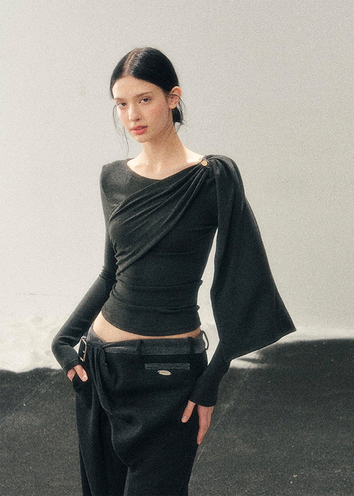 French style knit top, Korean feminine top, one shoulder long sleeve top, draped knit shirt women, winter slim fit top, elegant women knitwear, asymmetrical neckline top, waist slimming top, soft aesthetic fashion, minimal feminine top, Korean winter outfit, French chic clothing, modern women knit top, layering winter top, elegant casual top