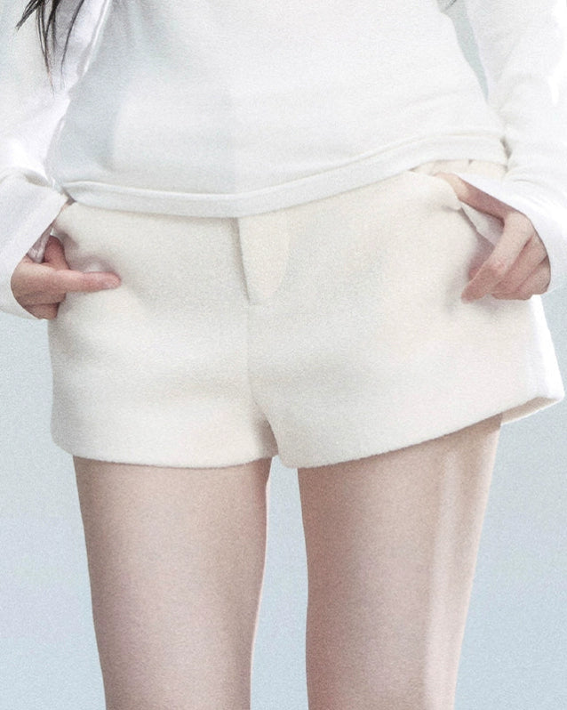 Fragileheart tweed shorts, A-line slacks, luxury Korean fashion, elegant winter outfit, quiet luxury womenswear, pastel noir aesthetic, ivory tailored shorts, minimalist feminine style, K-fashion 2025, modern classic outfit, chic Korean shorts, autumn winter fashion, refined tweed bottoms, sophisticated women’s wear
