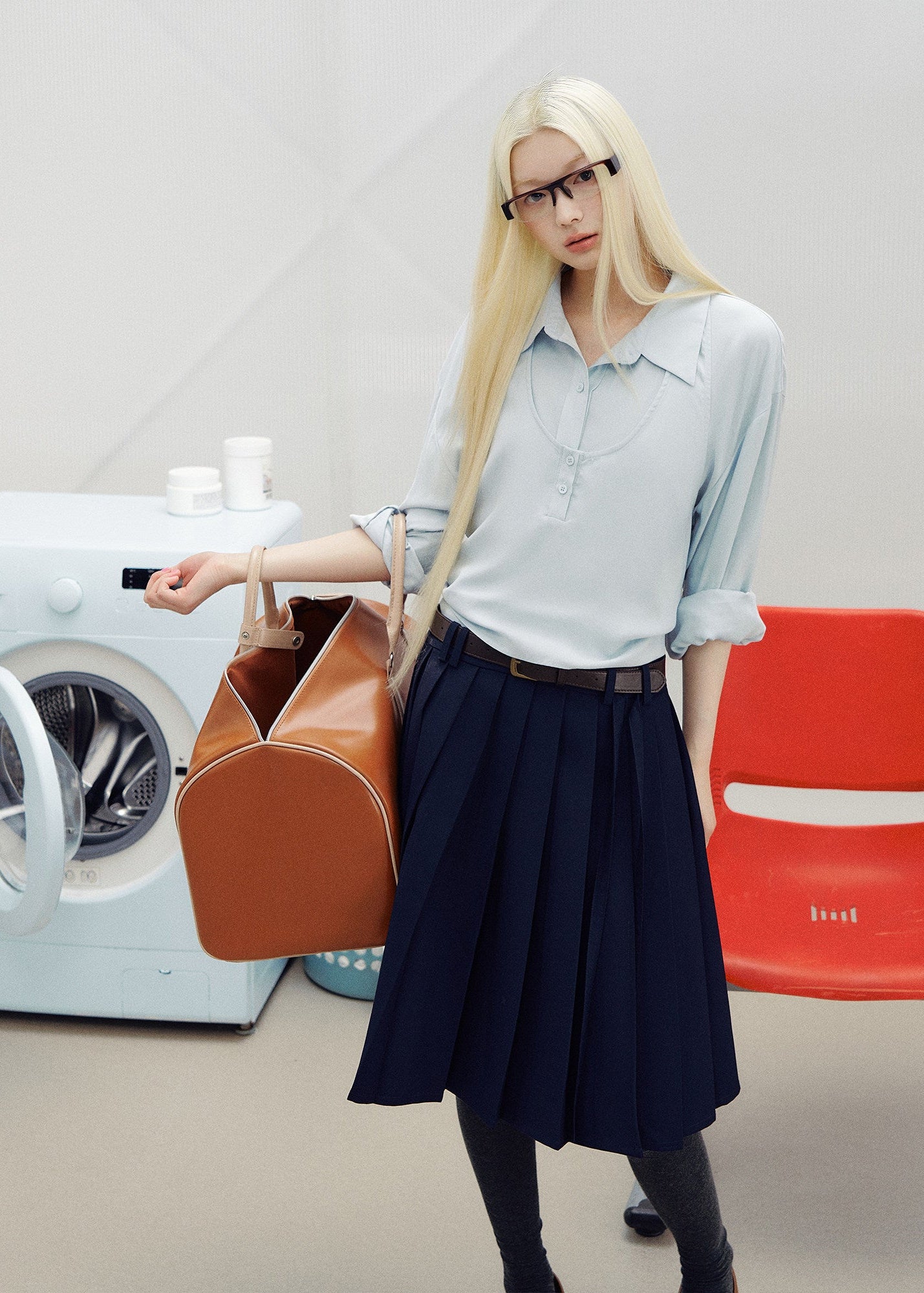 Korean-style blue button-up shirt with a coordinating draped layer