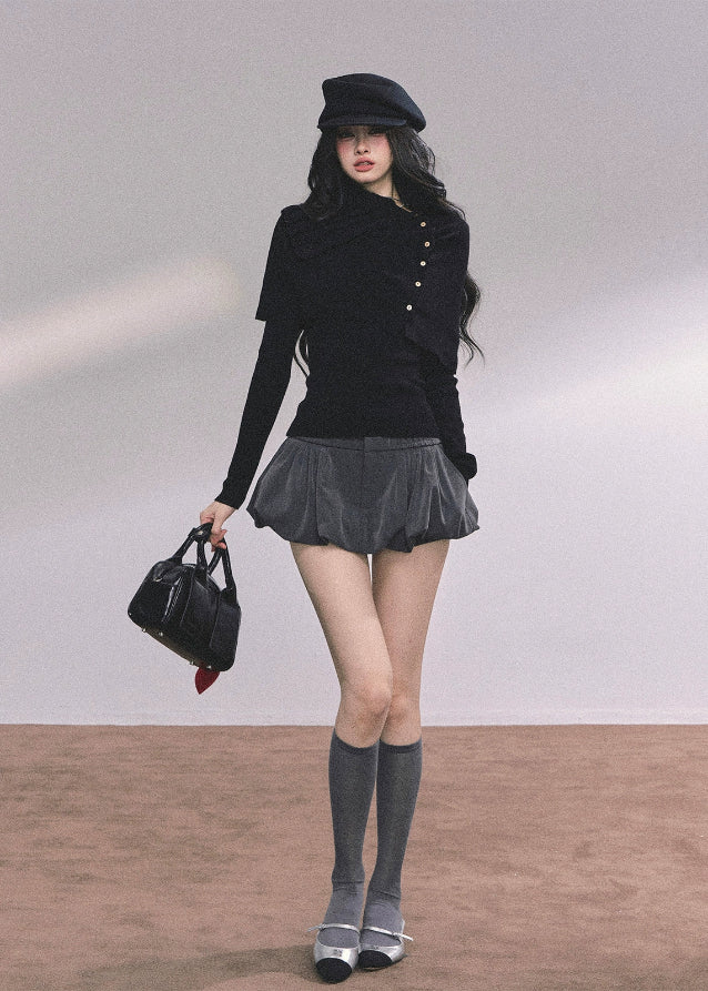 layered knit top, shawl knit two piece, Korean fashion top, Korean girl style knit, fall knit top women, winter knit set, off shoulder shawl knit, elegant Korean sweater, slim fit knit top, two piece knit outfit, gray knit long sleeve, black knit long sleeve, trendy Korean sweater, Seoul street style knit, aesthetic knitwear women, Nowa Tokyo knit top, boutique knit style, Korean American fashion top
