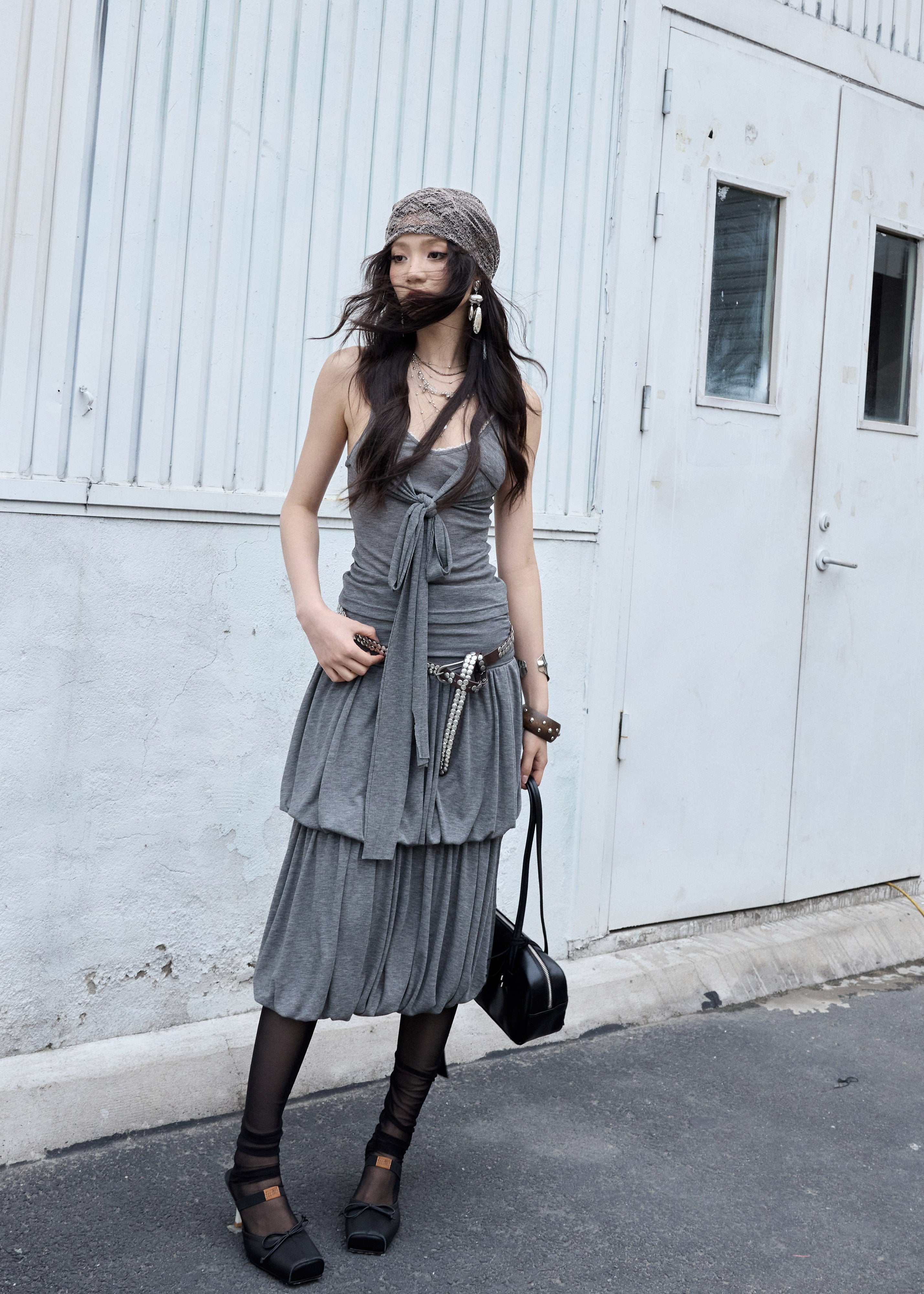 jnylon two piece set, gray knit set, korean fashion set, tie front top set, balloon skirt set, pleated skirt set, stylish korean outfit, summer knit set, vintage korean fashion, relaxed skirt set, urban summer outfit, korean street fashion