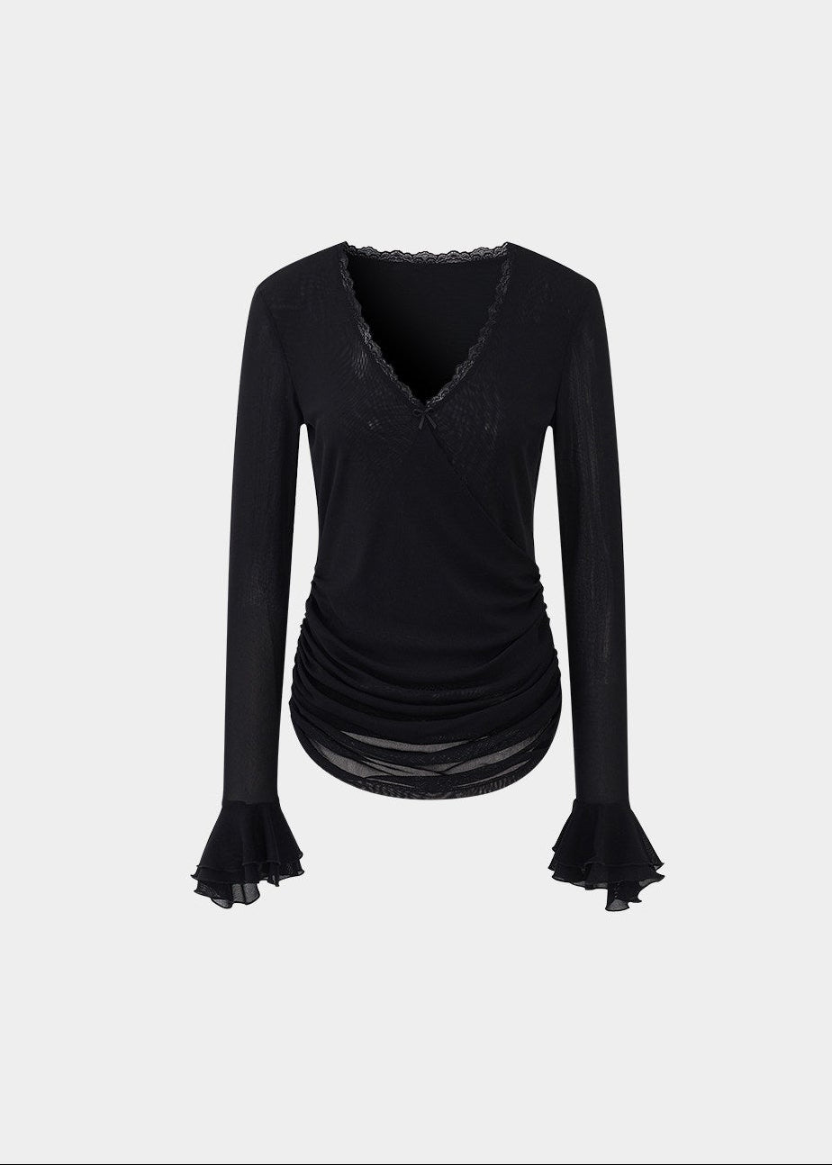 v neck lace top women, chiffon sleeve top, ruched long sleeve top, korean fashion top, feminine spring top, lightweight blouse women, soft drape top, elegant casual top, fitted long sleeve tee, breathable fabric top, aesthetic fashion blouse, parisian style clothing, modern feminine clothing, chic everyday top, delicate lace detail top, versatile spring outfit, slim fit blouse women, flowy sleeve top, refined casual wear, soft luxury top