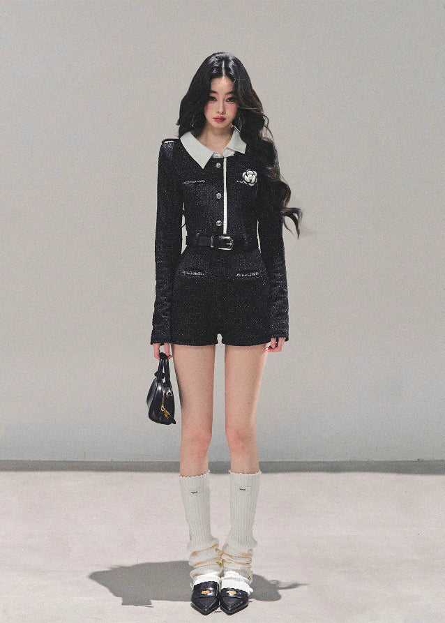 silent echo jumpsuit, AOMALM jumpsuit, Korean style romper, glitter one-piece suit, feminine jumpsuit, small fragrance style romper, winter Korean fashion, chic black jumpsuit women, short tweed jumpsuit, K-fashion outfits 2025