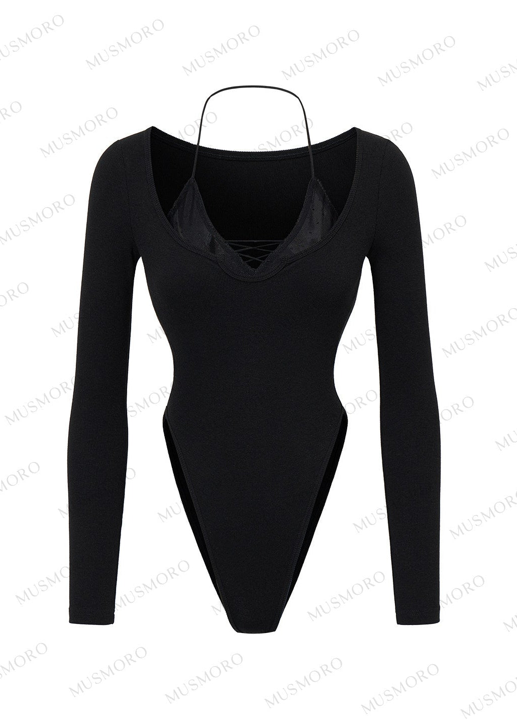 Black wide V-neck long sleeve top with faux layered design