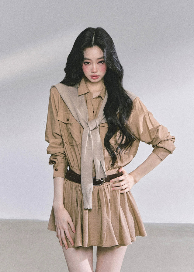 korean cargo dress, french hepburn dress, autumn flare shirt dress women, belted short cargo dress, korean academia style outfit, korean autumn mini dress, beige button up dress, seoul preppy girl fashion, korean elegant cargo dress, hepburn french chic outfit, soft academia korean fashion, korean shirt dress long sleeve, korean fall 2025 dress, stylish cargo mini dress, waist slimming flare dress