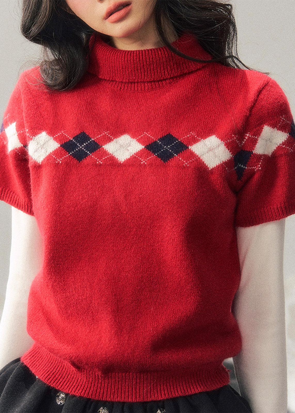 AOMALM knit sweater, winter knit top women, Korean style sweater, semi high neck sweater, argyle knit top, red winter sweater, short sleeve knit winter, feminine knit top, soft winter sweater, holiday knit top, Korean fashion winter, slim fit knit sweater, layering winter top, cute winter sweater women, Christmas knit sweater, aesthetic knitwear