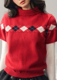 AOMALM knit sweater, winter knit top women, Korean style sweater, semi high neck sweater, argyle knit top, red winter sweater, short sleeve knit winter, feminine knit top, soft winter sweater, holiday knit top, Korean fashion winter, slim fit knit sweater, layering winter top, cute winter sweater women, Christmas knit sweater, aesthetic knitwear