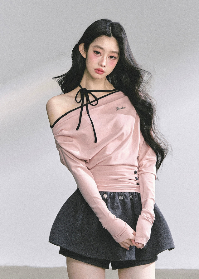 korean halterneck top, korean off shoulder top, hot girl pink top, korean streetwear women, autumn long sleeve halter shirt, korean slim fit t shirt, seoul fashion top, kfashion off shoulder shirt, pink halter knit top, korean style cute top, off shoulder long sleeve korean, hot girl fall outfit, ribbon neck korean top, slim waist korean tee, soft pink korean fashion