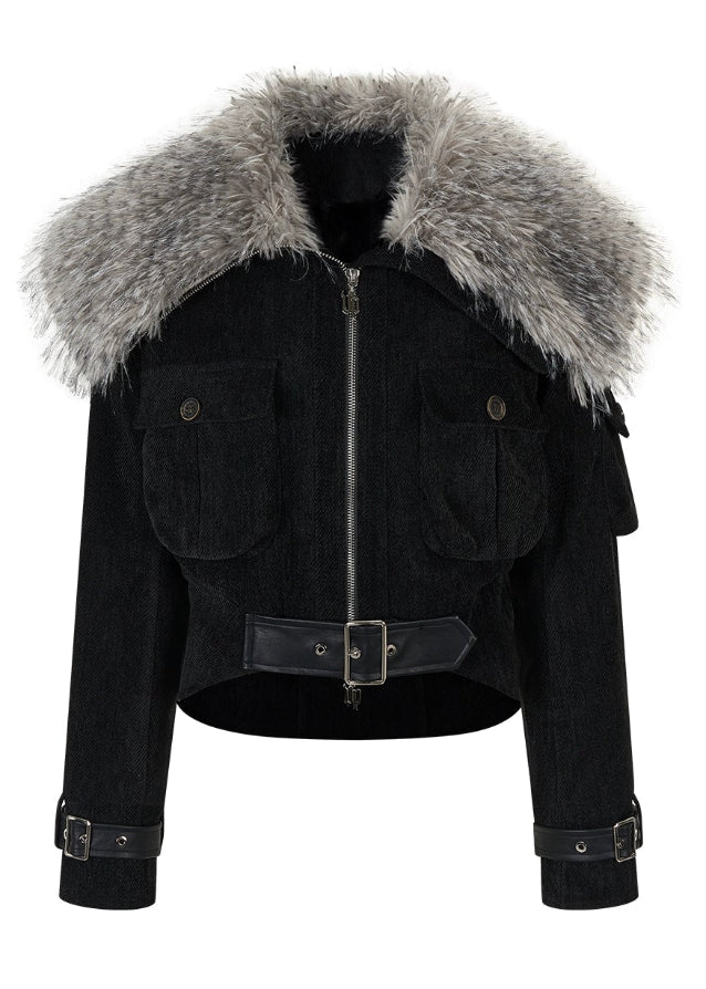 VIAPITTI fur collar jacket, leopard print winter coat, heavy industry streetwear, belted warm jacket, edgy Korean fashion, autumn winter outerwear, large fur collar coat, cargo pocket jacket, thickened warm top, luxury street fashion, K-fashion 2025, industrial chic coat, bold streetwear jacket, urban cold season outfit
