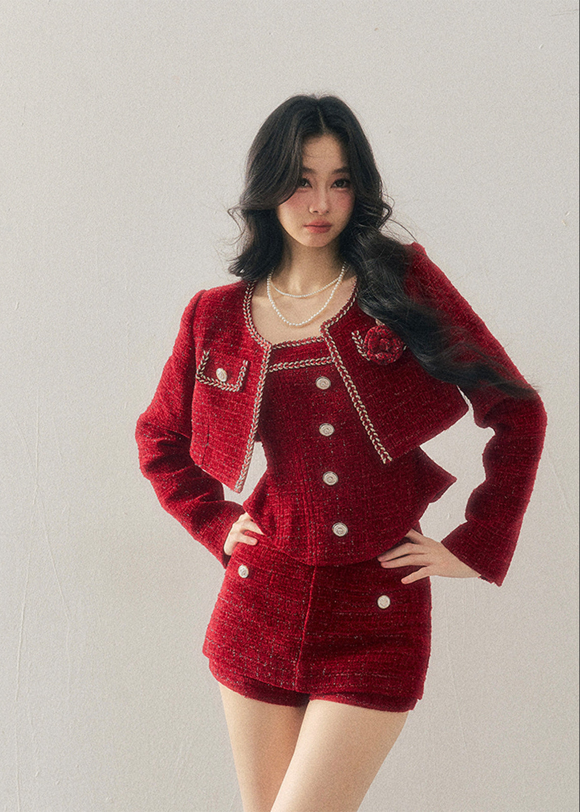 AOMALM, Korean feminine tweed set, winter three piece set women, French chic wool outfit, black tweed jacket skirt set, rich daughter style, elegant winter set, Korean fashion winter, feminine wool tweed, luxury winter outfit women, soft feminine aesthetic, classic black tweed, layered winter styling, boutique Korean brand, refined winter ensemble, slim silhouette winter set