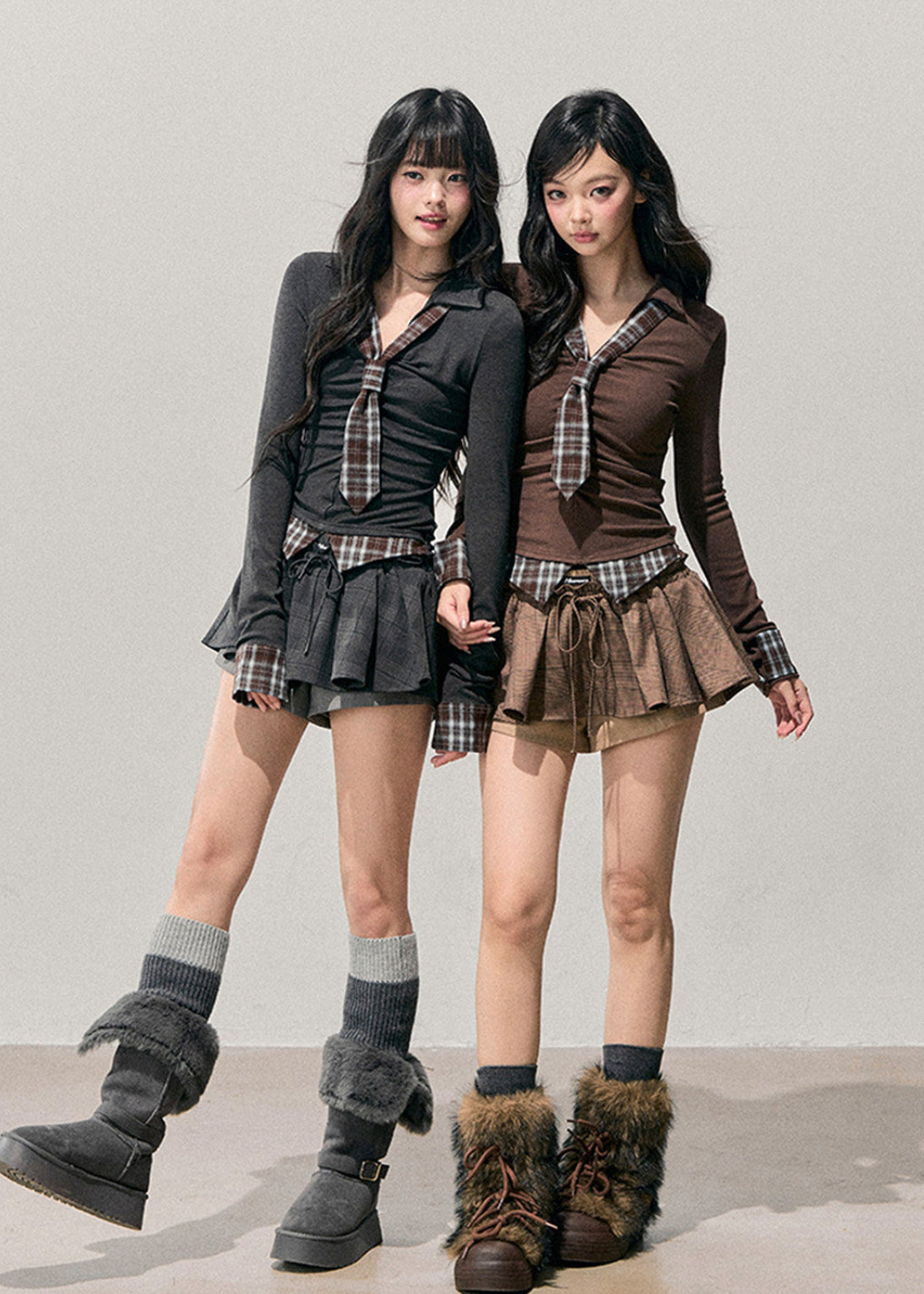 AOMALM top, Korean feminine top, fake two piece top, layered long sleeve tee, slim fit women top, V neck Korean top, plaid layered shirt, autumn winter women top, soft knit top women, Korean aesthetic clothing, feminine daily wear, slim waist top, vintage plaid top, winter layering top, casual Korean style, AOMALM women clothing, Korean fashion top, elegant long sleeve tee