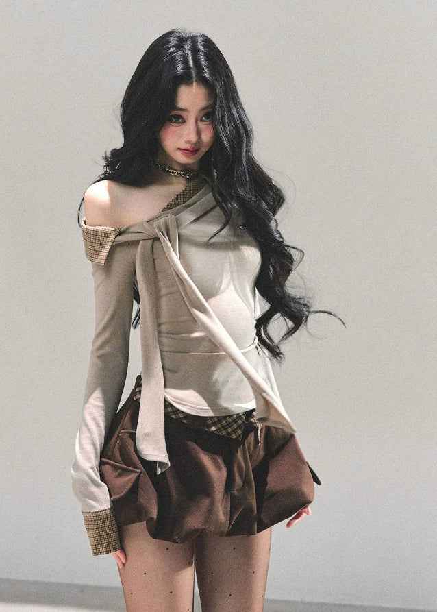 AOMALM top, Korean knit top, asymmetrical shoulder shirt, slanted shoulder knit, fake two-piece top, autumn winter women’s top, Korean fashion 2025, slimming knit shirt, asymmetric long sleeve top, feminine Korean style clothing, off-shoulder knit, layered look top, trendy knitwear women, soft knit t-shirt, daily Korean outfit, plaid contrast knit top, aesthetic knit top, elegant slim fit top, K-fashion tops women, winter stylish knit top, hot girl knit shirt