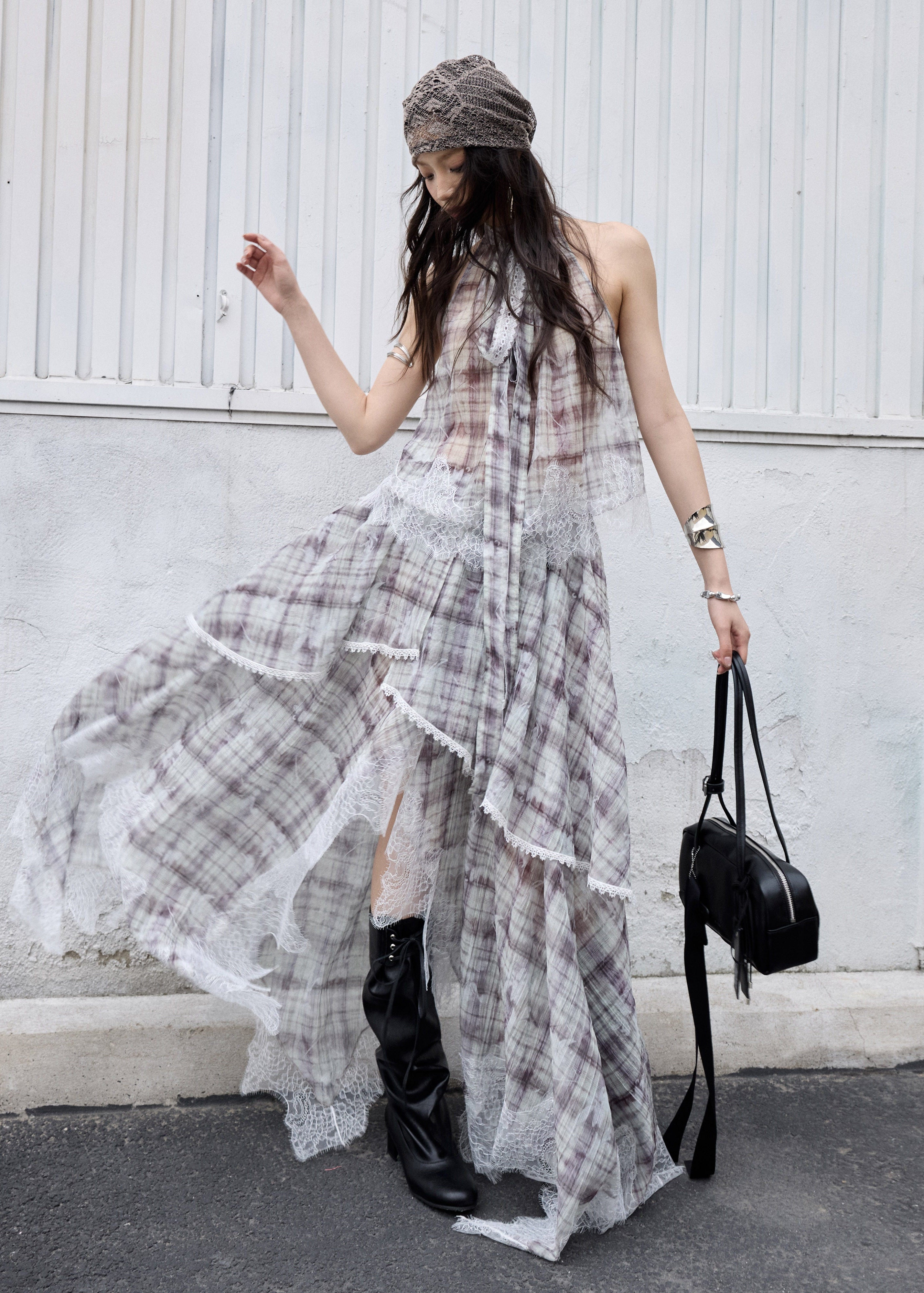 check two piece set, lace patchwork skirt set, korean fashion set, romantic maxi skirt set, vintage plaid outfit, feminine two piece dress set, irregular lace set, artistic summer outfit, jnylon set, elegant vacation outfit