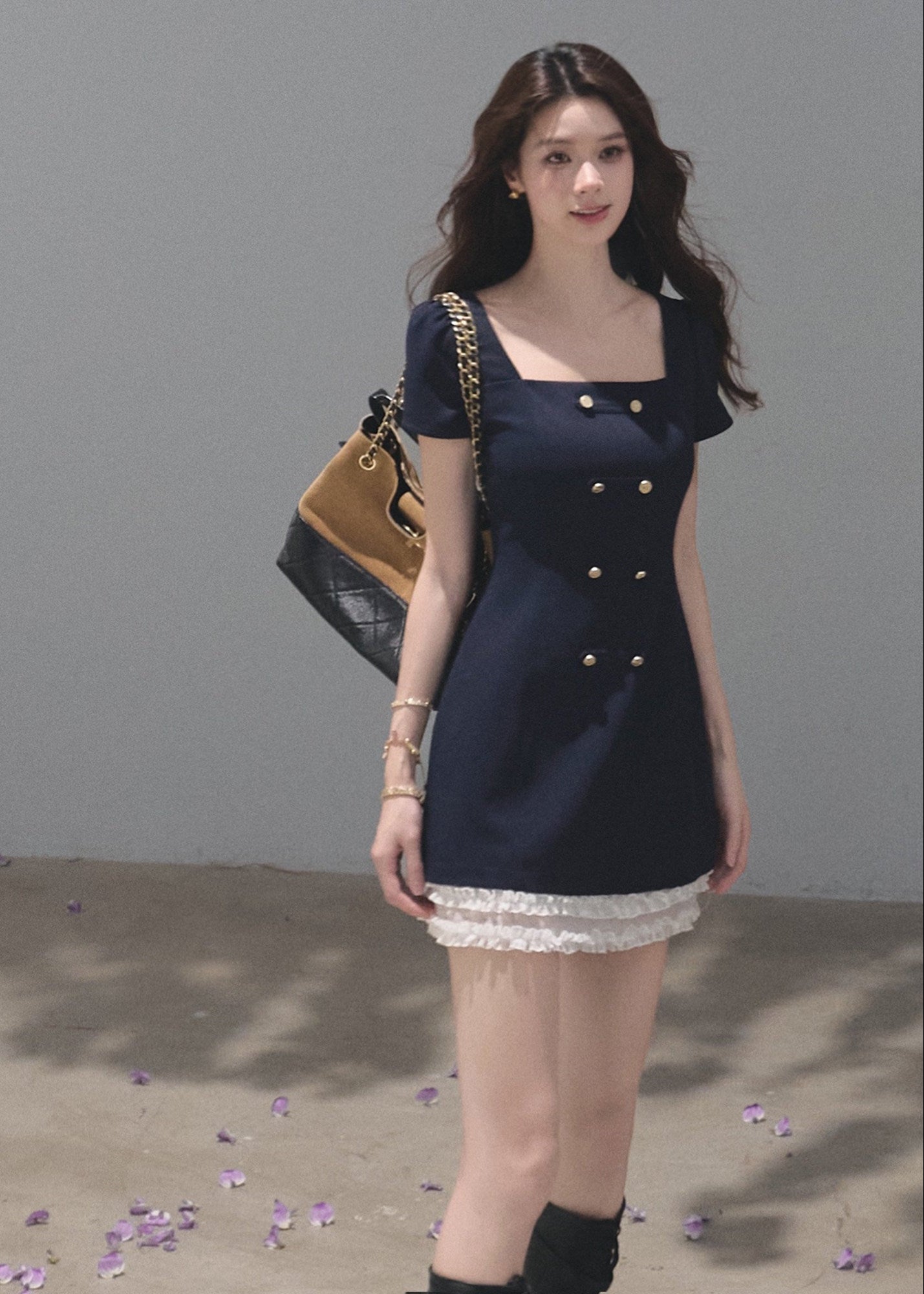 Navy square-neck mini dress with layered white lace trim