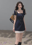 Navy square-neck mini dress with layered white lace trim
