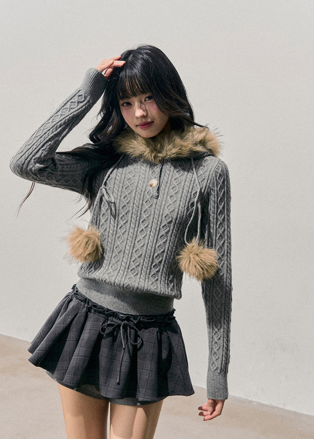 AOMALM knit sweater, Korean hooded sweater, winter cable knit top, plush hood knit, cropped winter sweater, feminine Korean style top, faux fur hood sweater, soft winter knitwear, cozy cable sweater women, Korean winter fashion, cropped knit hoodie, warm knit top women, soft girl winter sweater, aesthetic Korean knit, winter layering sweater, feminine hooded knit