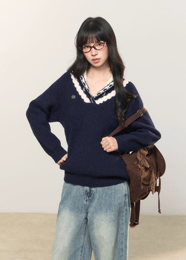 fair isle jacquard sweater, dual neckline knit top, off shoulder knit sweater, Korean girly knit, AW cozy pullover, umoumo soft knit, fair isle winter knitwear, feminine Korean sweater, v-neck jacquard knit, slouchy cute knit top, navy fair isle sweater, yellow winter knit, girly warm sweater, versatile neckline knit, Fragileheart aesthetic, cozy street girl look, soft winter knit fashion, Korean cute off shoulder style