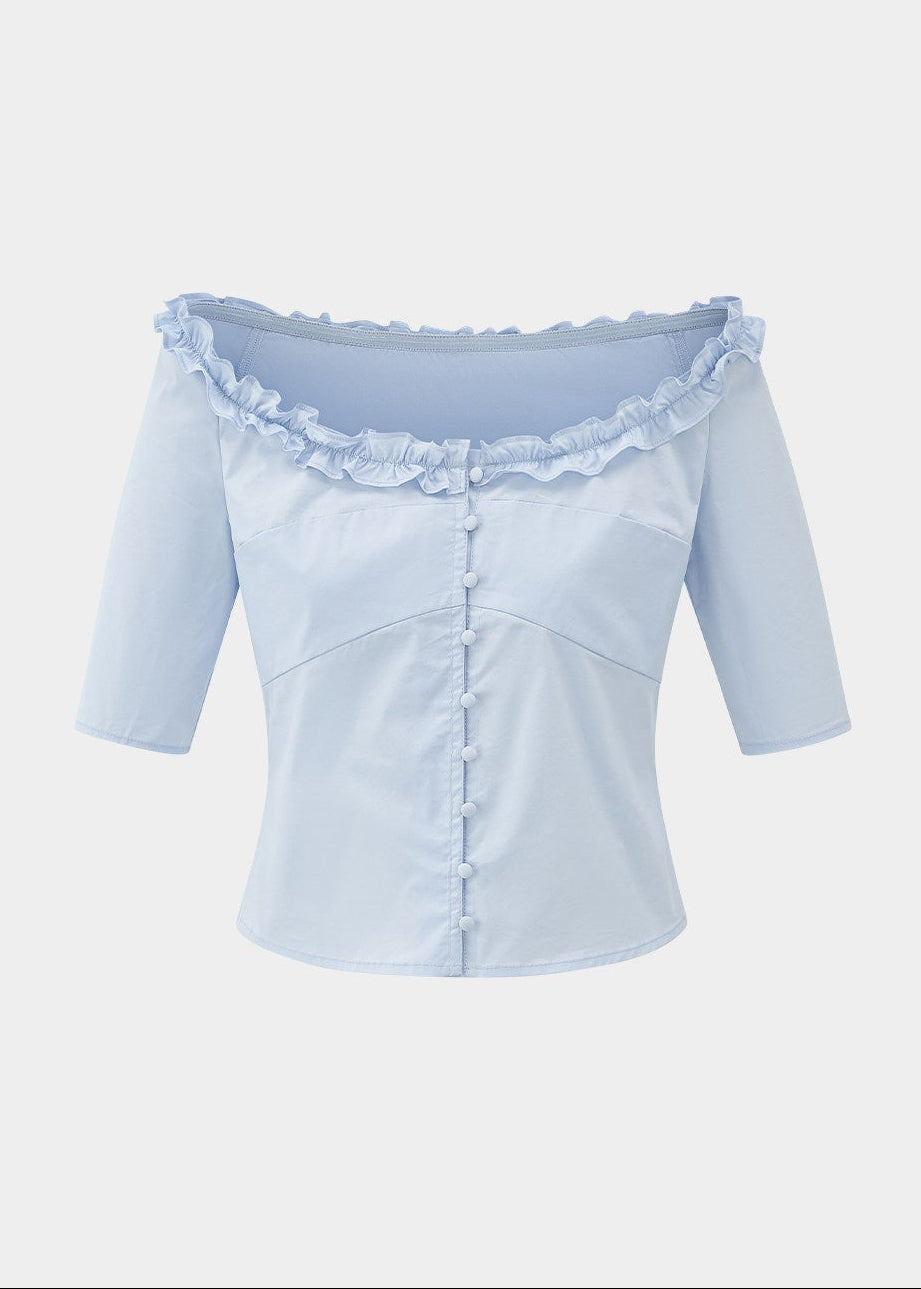 off shoulder blouse, ruffle trim blouse, feminine Korean top, court style blouse, waist cinching blouse, romantic summer top, light blue blouse, vintage inspired blouse, button front top, elegant off shoulder shirt, cotton blend blouse, Korean fashion top, dressy summer blouse, soft girl blouse, LaLuneDuCiel style top